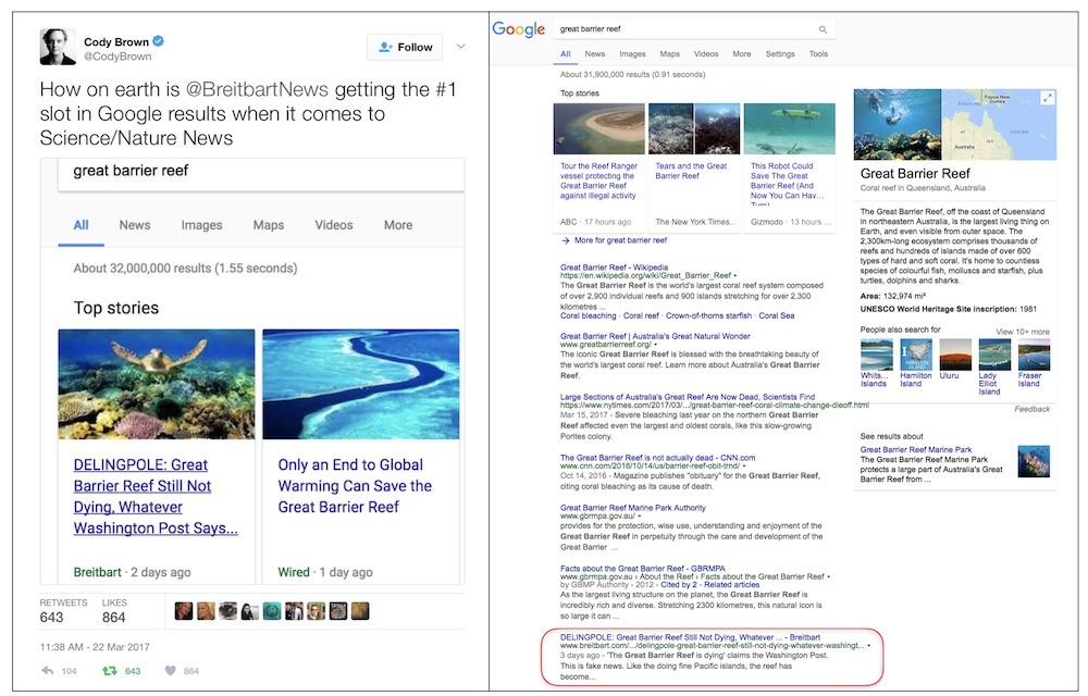 photo of Google's Top News results for 'Great Barrier Reef' directs to fringe political commentary image