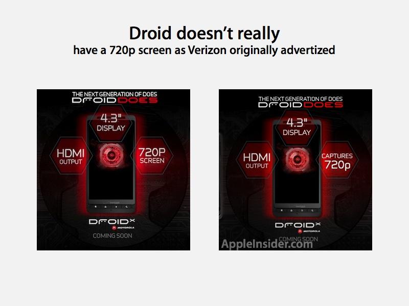 Verizon、720p 画面を宣伝する Droid X の広告エラーを修正