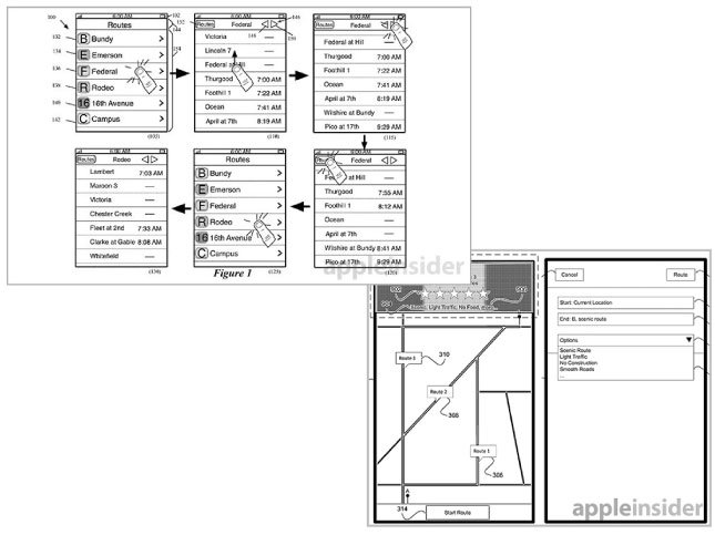 Apple's transit patents, left, and Waze-like traffic reporting, right.