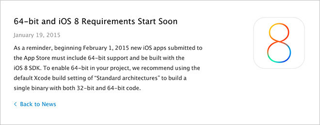 Apple、iOS 8 アプリ開発者に今後の 64 ビット要件について再度警告