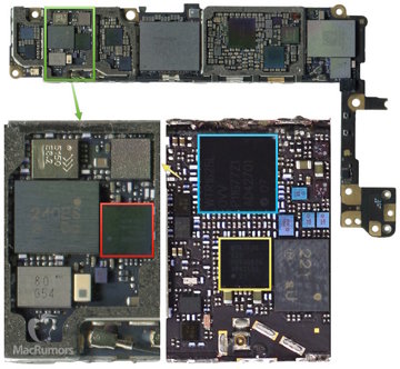 'iPhone 6s' logic board with new communications suite compared to iPhone 6.