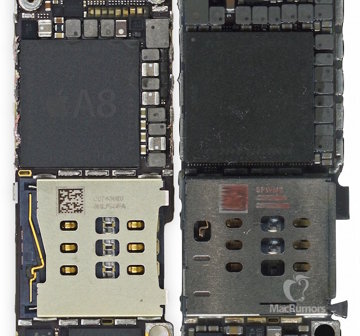 Apple's A8 SoC on iPhone 6 (left) and supposed A9 chip.