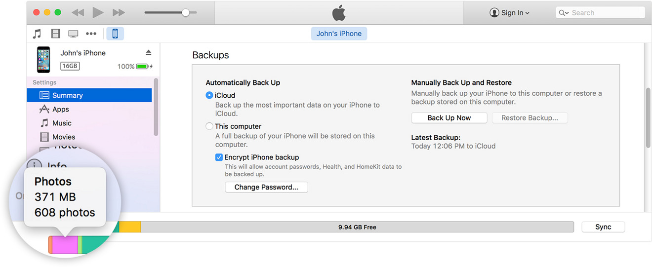 iPhone Storage Settings iTunes