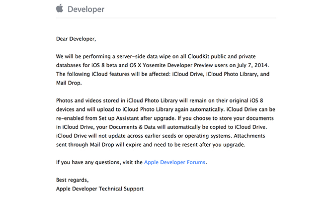 Apple to wipe iCloudKit data for iOS 8 and Yosemite betas, new 