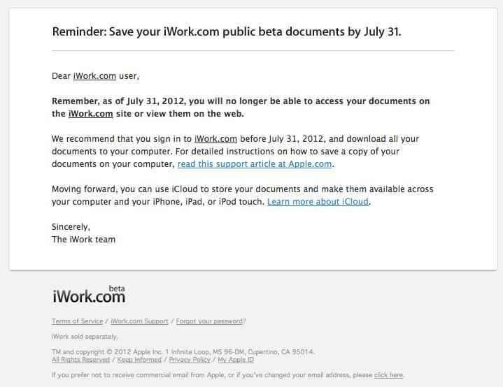 Apple、iWork.com が 7 月 31 日に閉鎖されることを顧客に通知