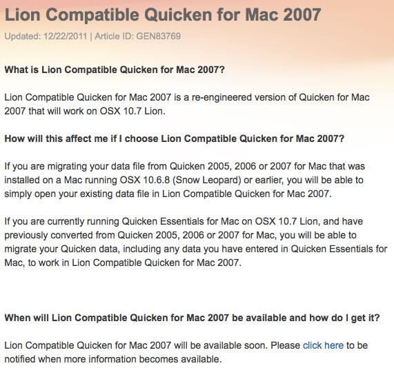 quicken 2007 update for mac lion