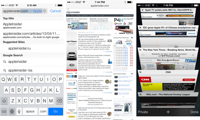 Inside Ios 7 Safari Gains Portrait Fullscreen Unified Search Bar Visual Tabs Appleinsider