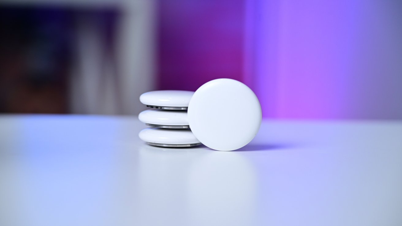A stack of AirTags on a table