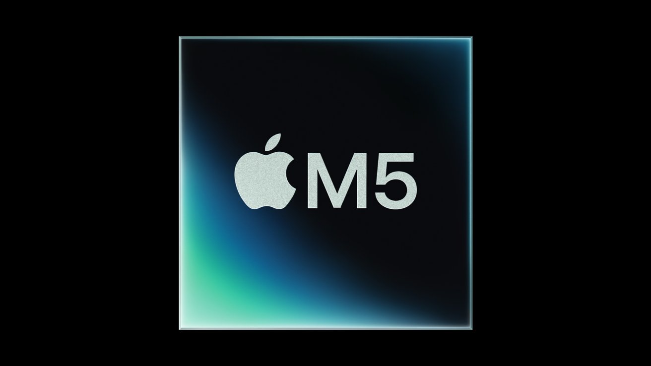 Apple M5 chip logo centered on a dark square with subtle teal and blue gradient glow, metallic silver Apple symbol and M5 text on a black background