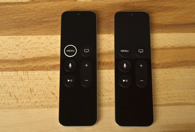 The Siri Remote that ships with the Apple TV 4K (left) with the one from the fourth-generation Apple TV (right)