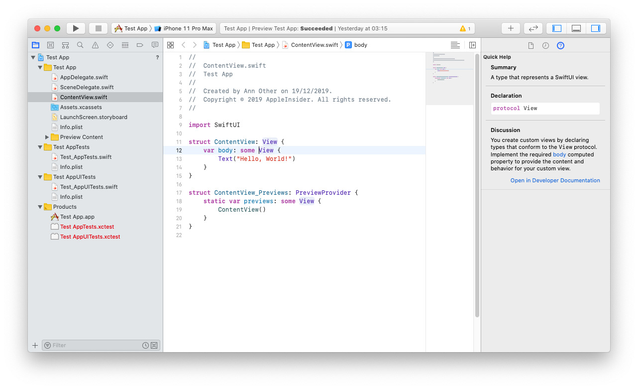 An example of how an app can appear in Xcode as it gets developed