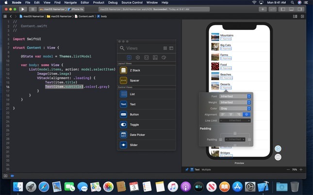 Apple's example of designing an iOS app's interface in Xcode