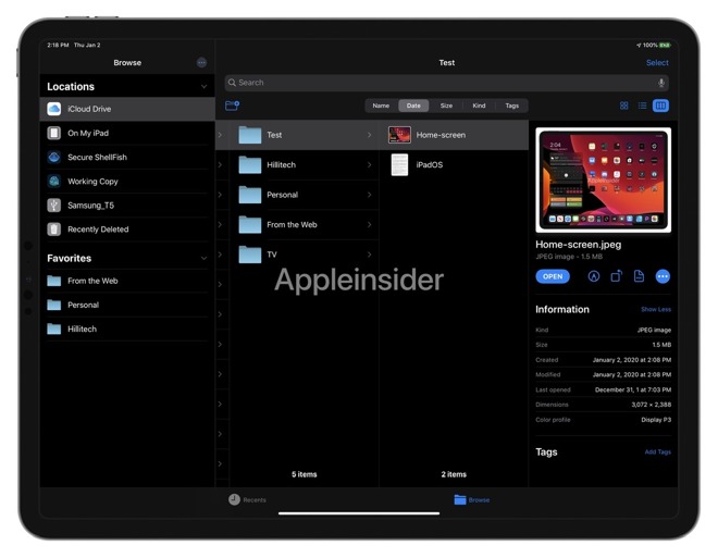 New files view utilizes the large iPad screen