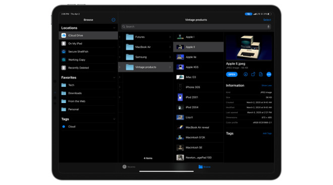 The Files app takes advantage of the large iPad screen