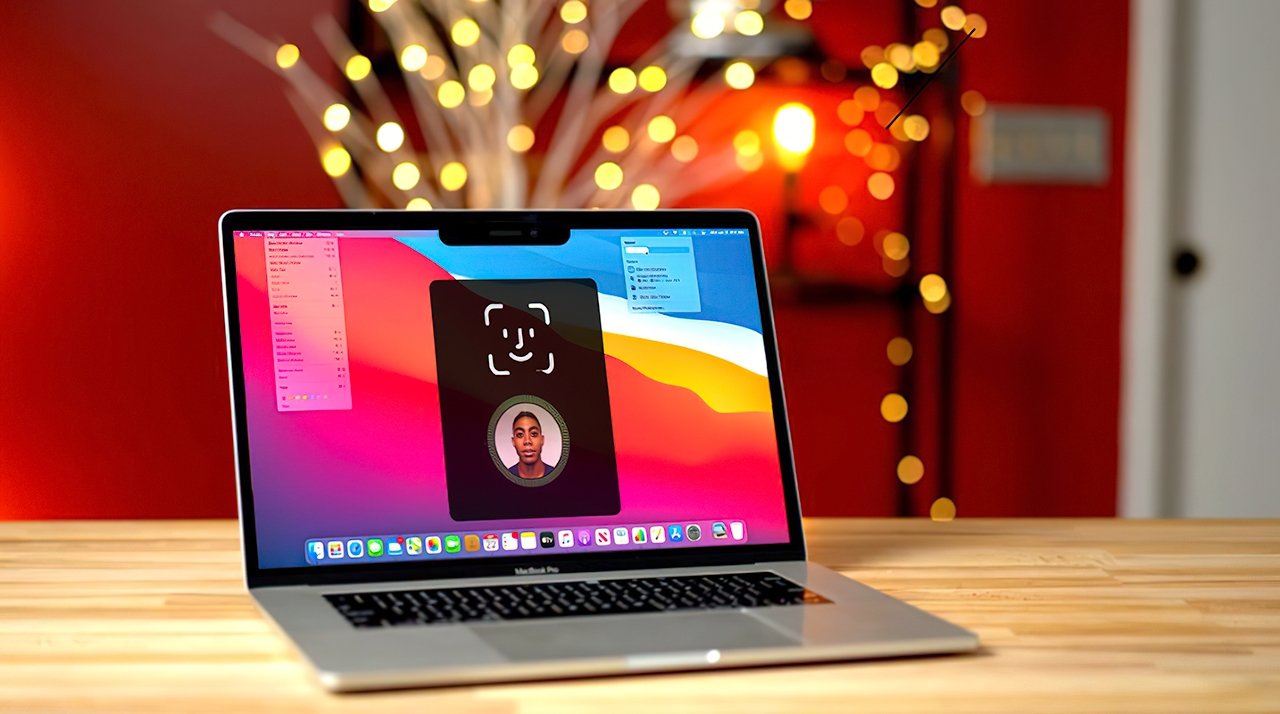 Digital rendering of a MacBook Pro with Face ID support