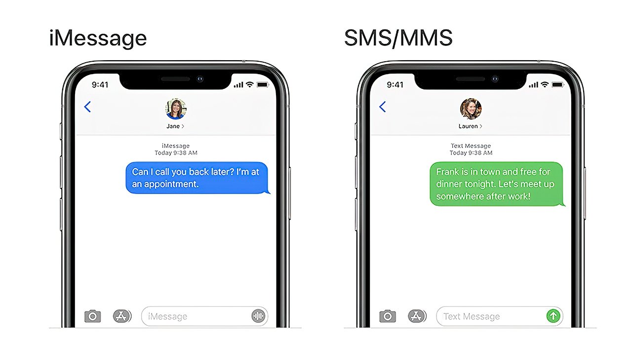 iMessage chats appear as blue bubbles, while SMS/MMS appear as green