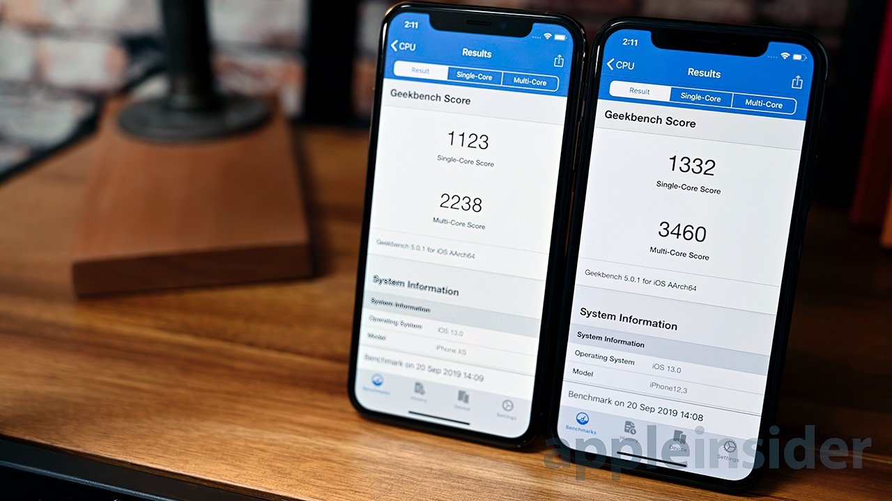 iPhone XS (left) and iPhone 11 Pro (right) Geekbench 5 results