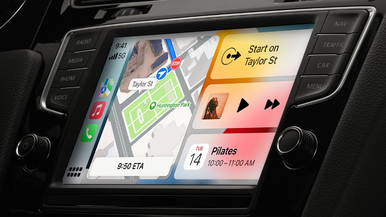 The CarPlay interface places familiar iOS controls on the car's display