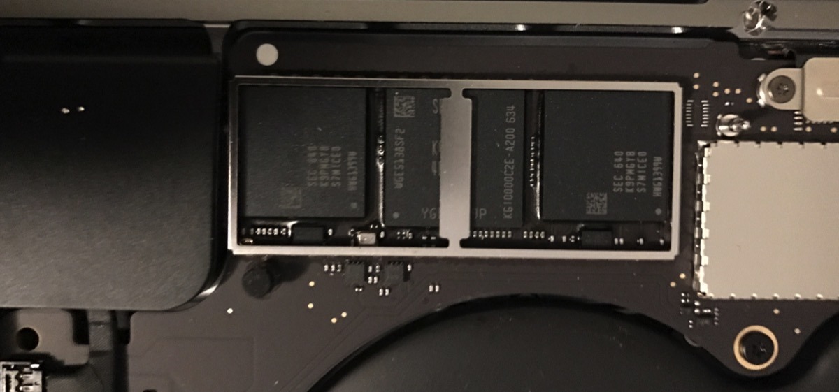 Apple SSD in Touch Bar-equipped MacBook Pro fixed to motherboard