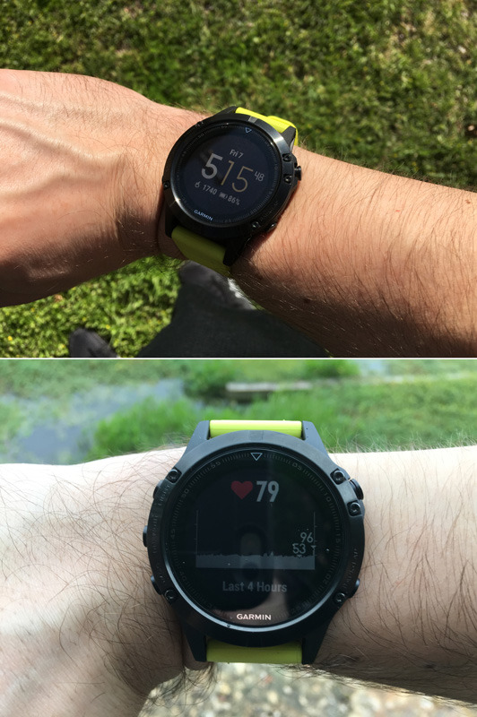 The Fenix 5 display without backlighting, in direct sunlight and cloudy skies.