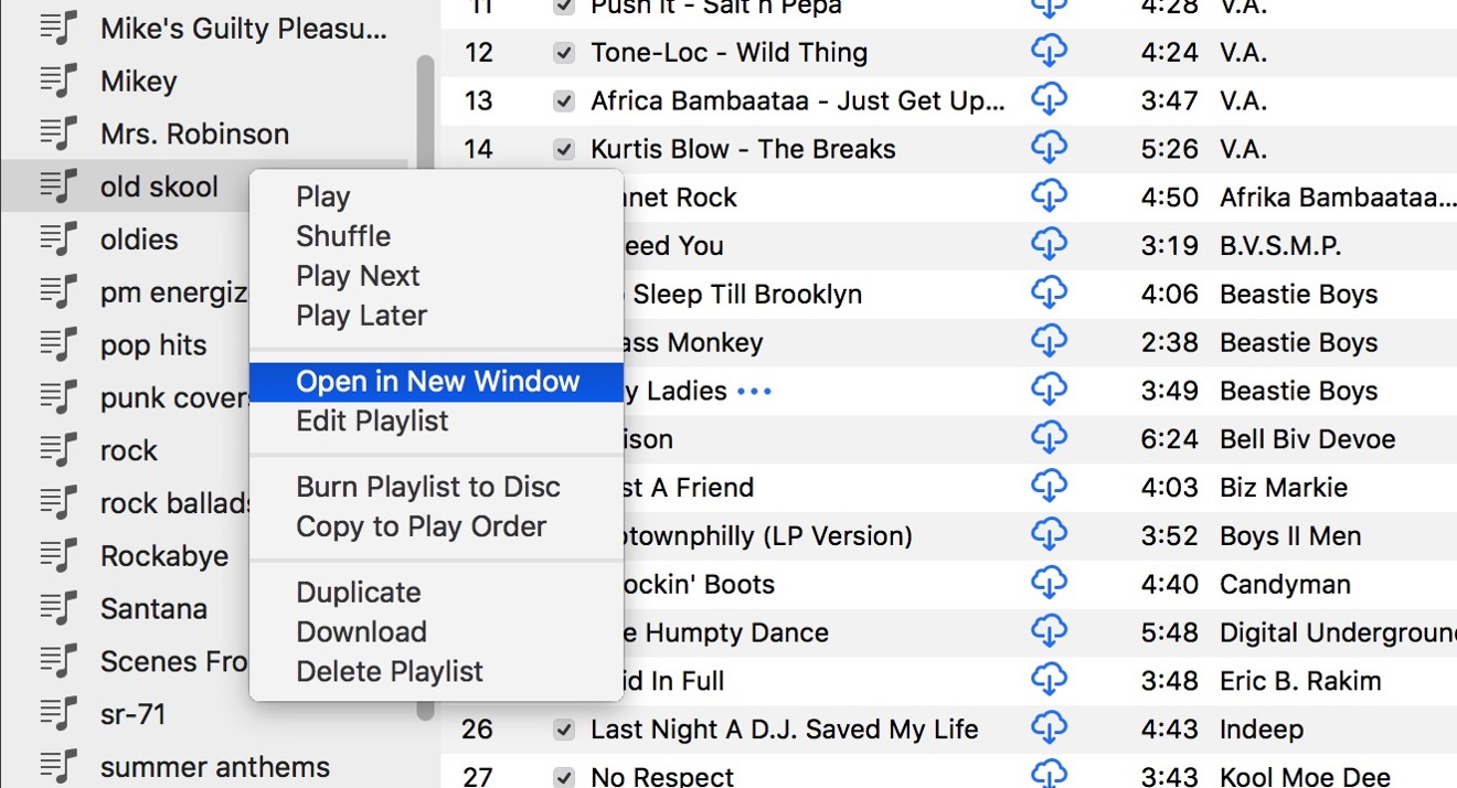 How to open a playlist in a new window in iTunes 12.6 on macOS