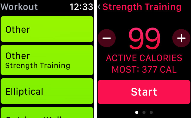 Creating a strength routine in the watchOS 3 Workout app.