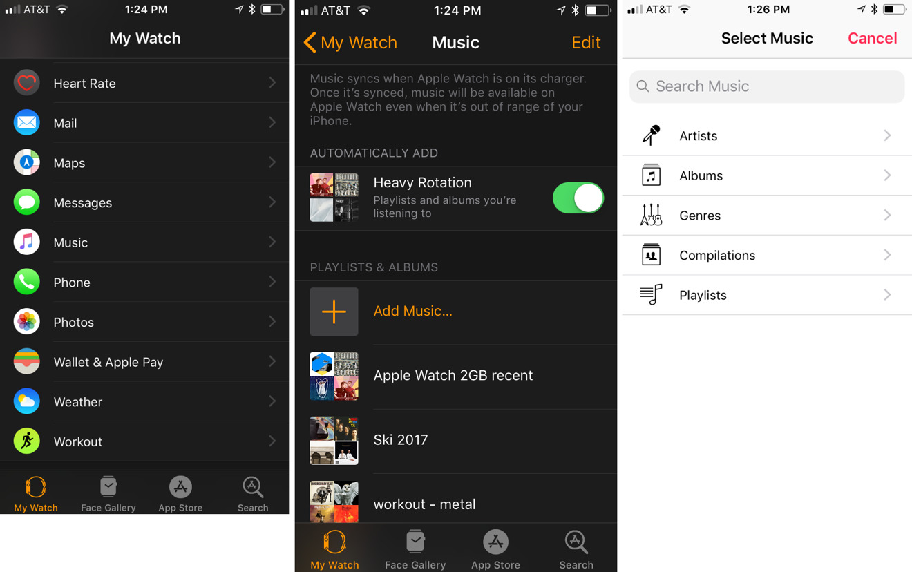 sync music and playlists to Apple Watch 