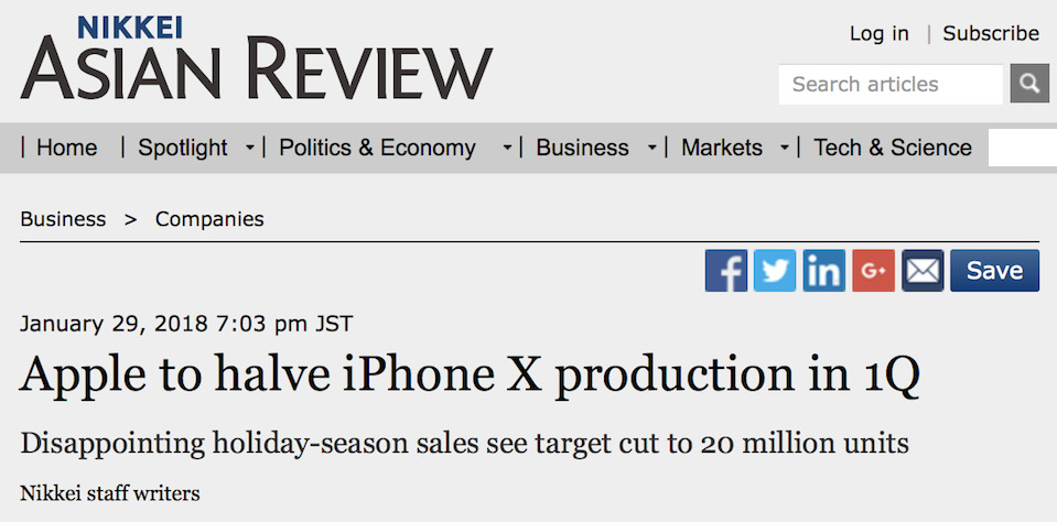 Nikkei dissapointed by strong sales of iPhone X