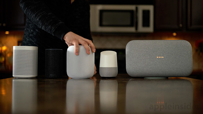 Apple HomePod Sonos One Google Home Max side by side