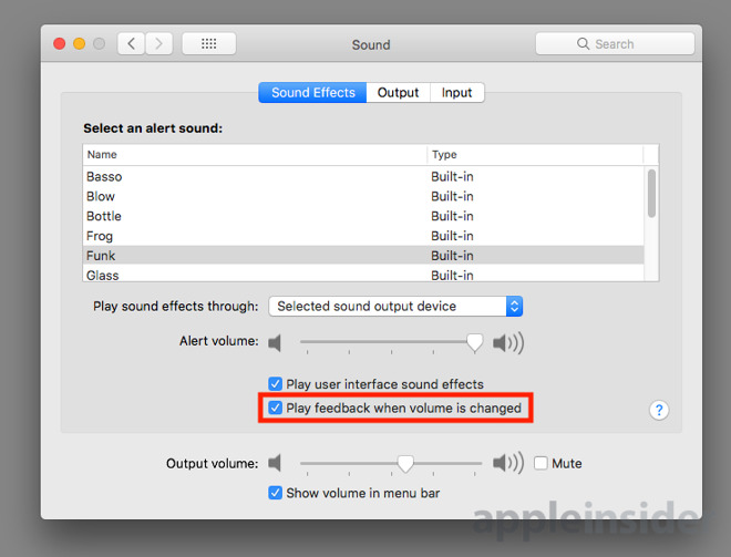 macOS volume control system preferences turn off feedback