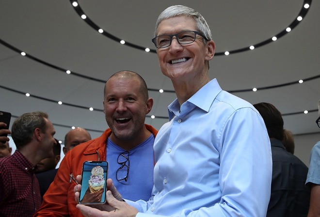 Tim Cook and Jony Ive with the iPhone X