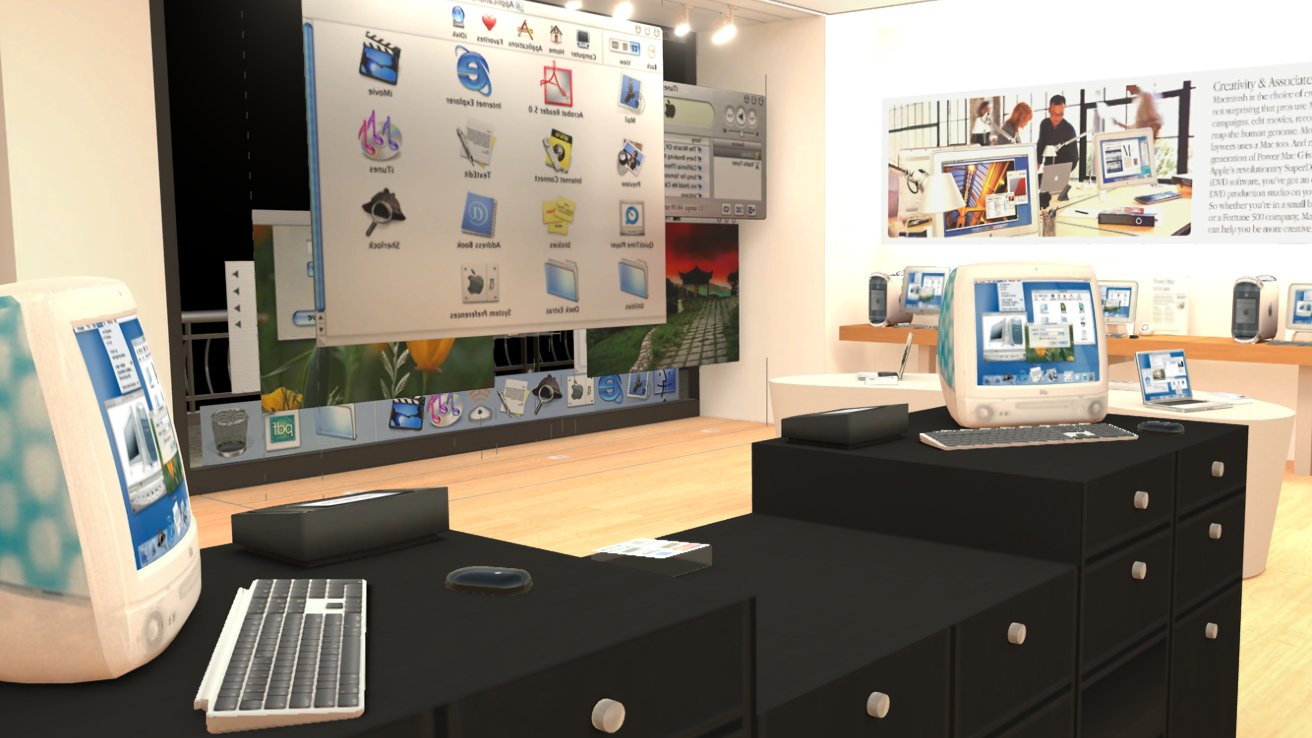A modern tech store interior featuring vintage computers and laptops displayed on black and white desks, with decorative software icons and a wall poster showcasing creative professionals.