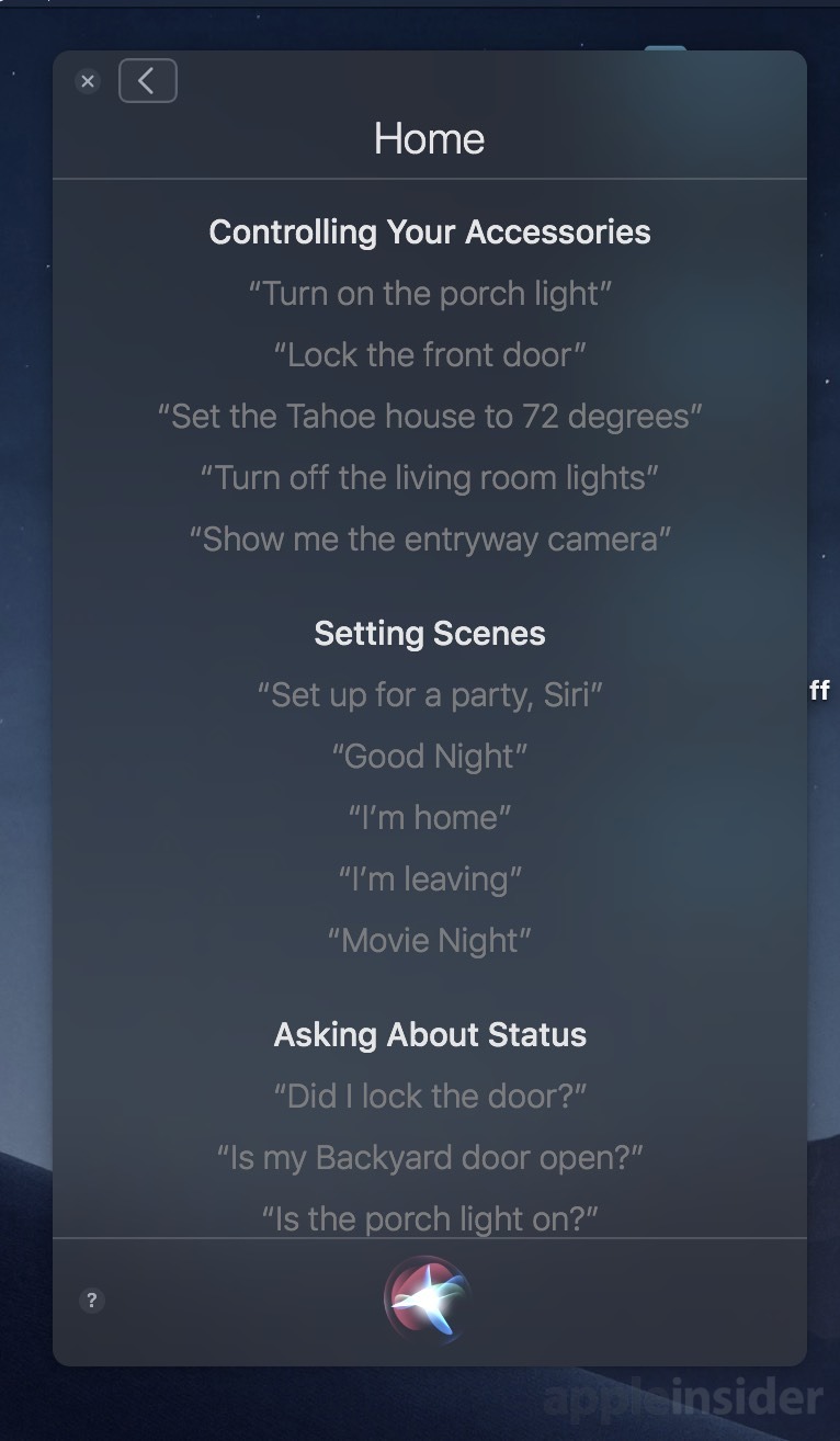 Siri HomeKit commands in macOS Mojave