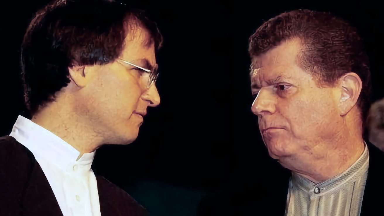 Two men facing each other intently, one wearing glasses and a white shirt, the other with short hair and a striped collar shirt, against a dark background.