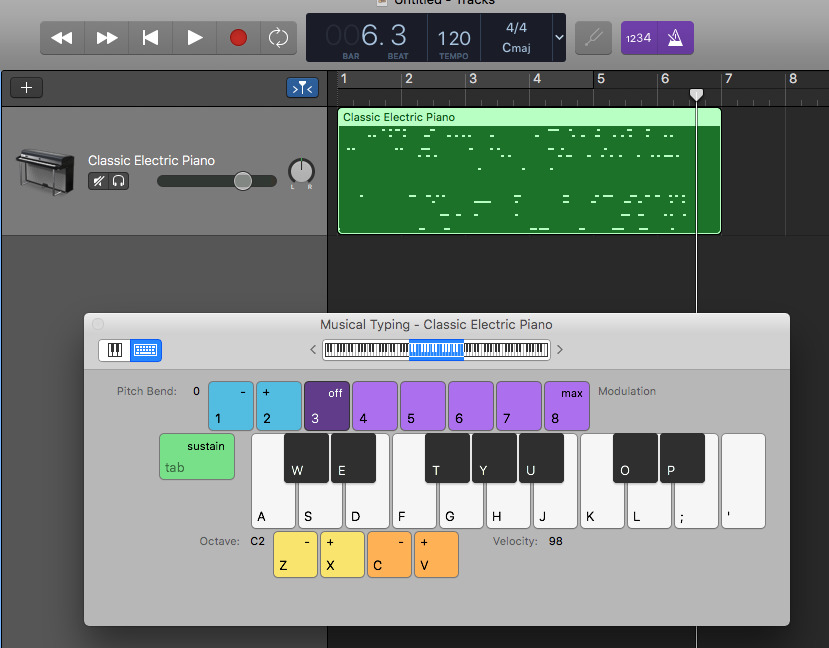 GarageBand のミュージカル タイピングを使用して Mac のキーボードを使用して音楽を再生する方法