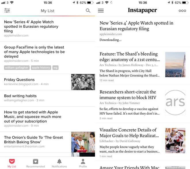 Left: Pocket on iPhone. Right: Instapaper