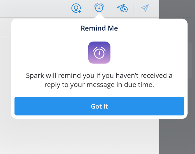 Pop up message in Spark Mail explaining that you can be reminded when recipients haven't replied in a specified time