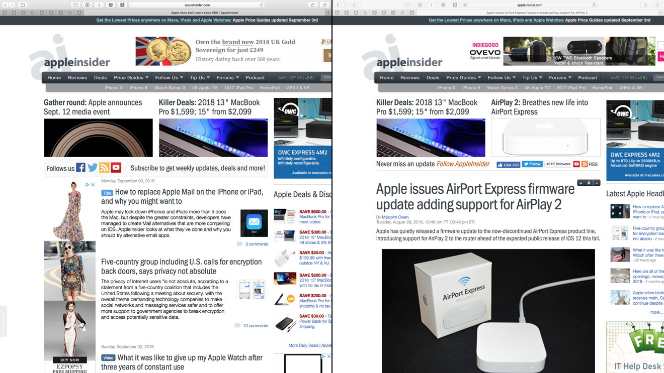 Having two AppleInsider web pages open in Split View on the Mac.