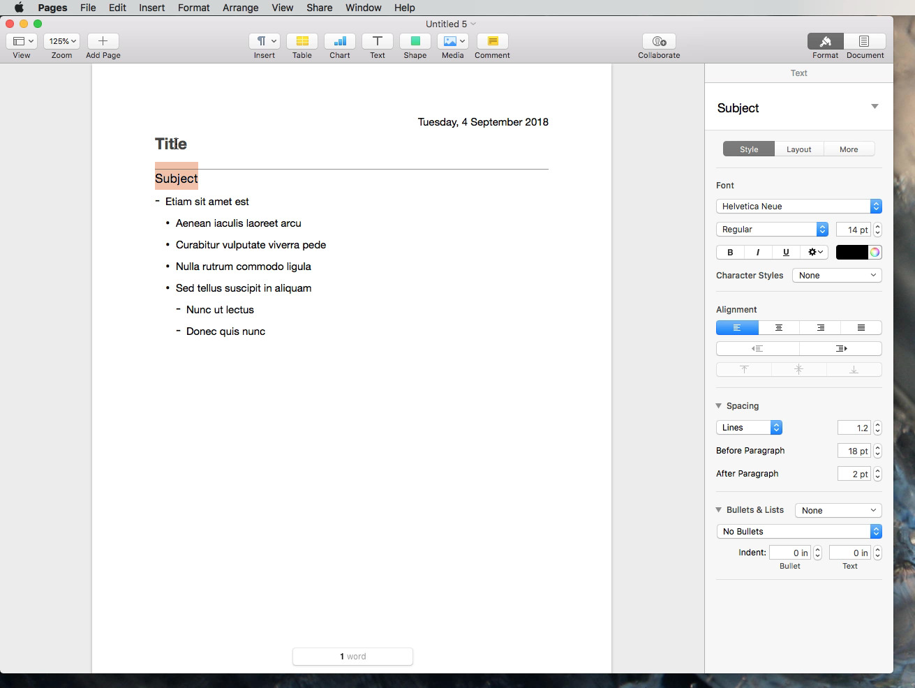 indent in pages for mac