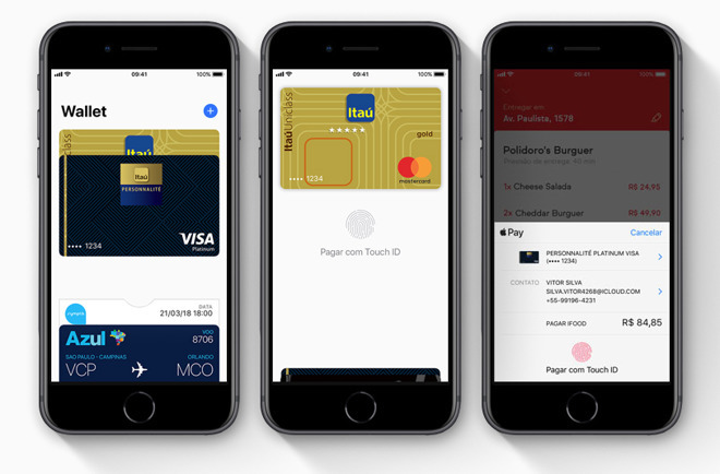 Three images showing the process of paying by Apple Pay on an iPhone