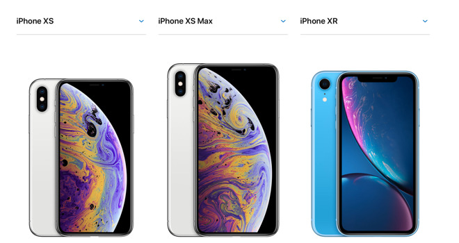 Compare the iPhone XS and iPhone XR versus the size of other