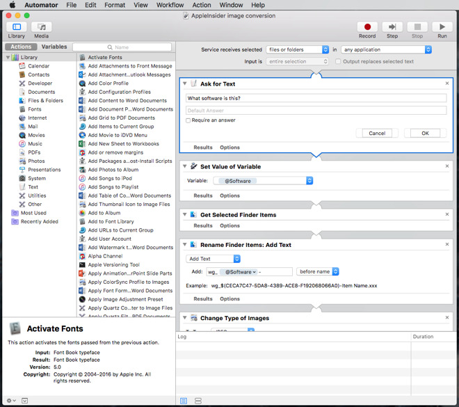 Example of Automator workflow