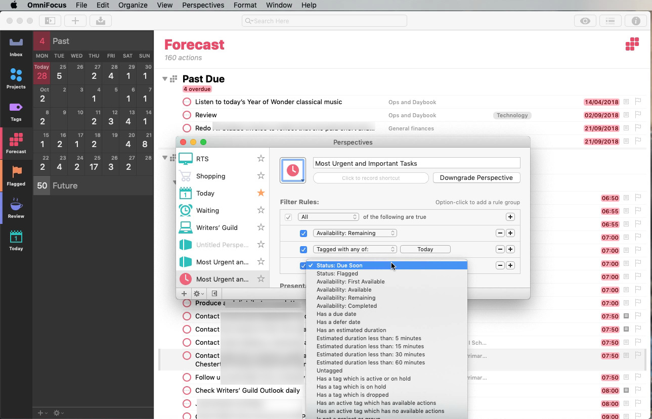 Creating a saved search called a Perspective in OmniFocus 3 for Mac