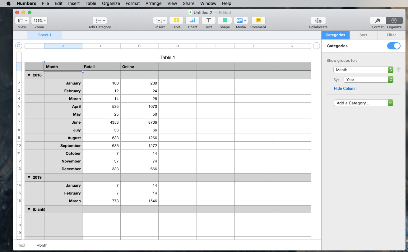 Numbers applies Smart Categories to a basic spreadsheet