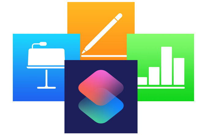 Icons for Pages, Numbers, Keynote and Siri Shortcuts