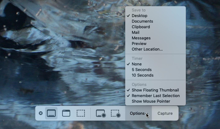 Mojave's options for taking still images