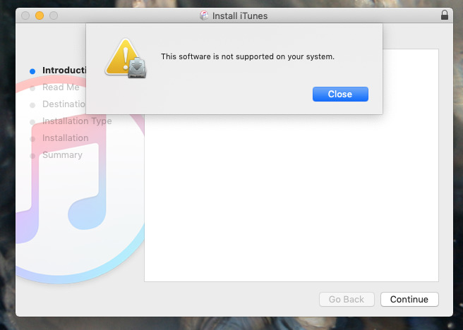 The legacy version of iTunes won't install on Mojave