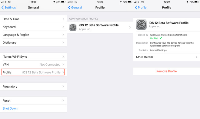Stepping through removing an iOS beta profile