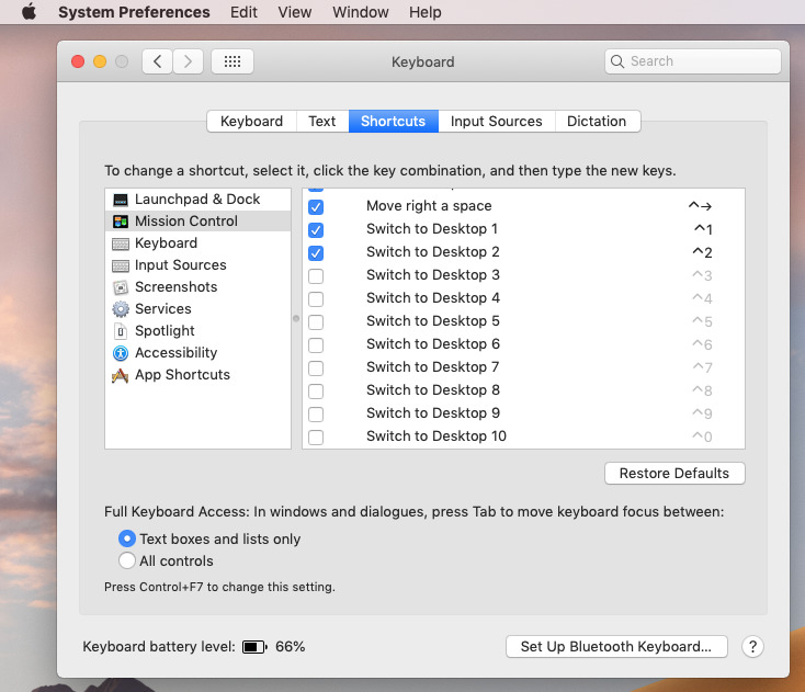 Switch Spaces keyboard shortcuts on or off in System Preferences