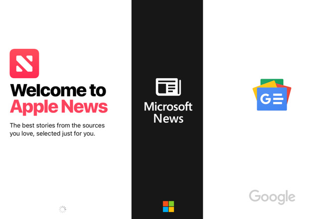 Logos for Apple News, Microsoft News and Google News